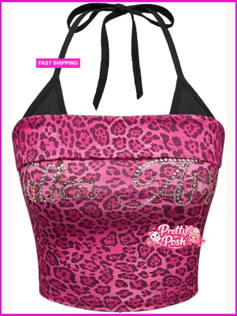 Leopard Print Halter Rhinestone Tie Backless Crop Top